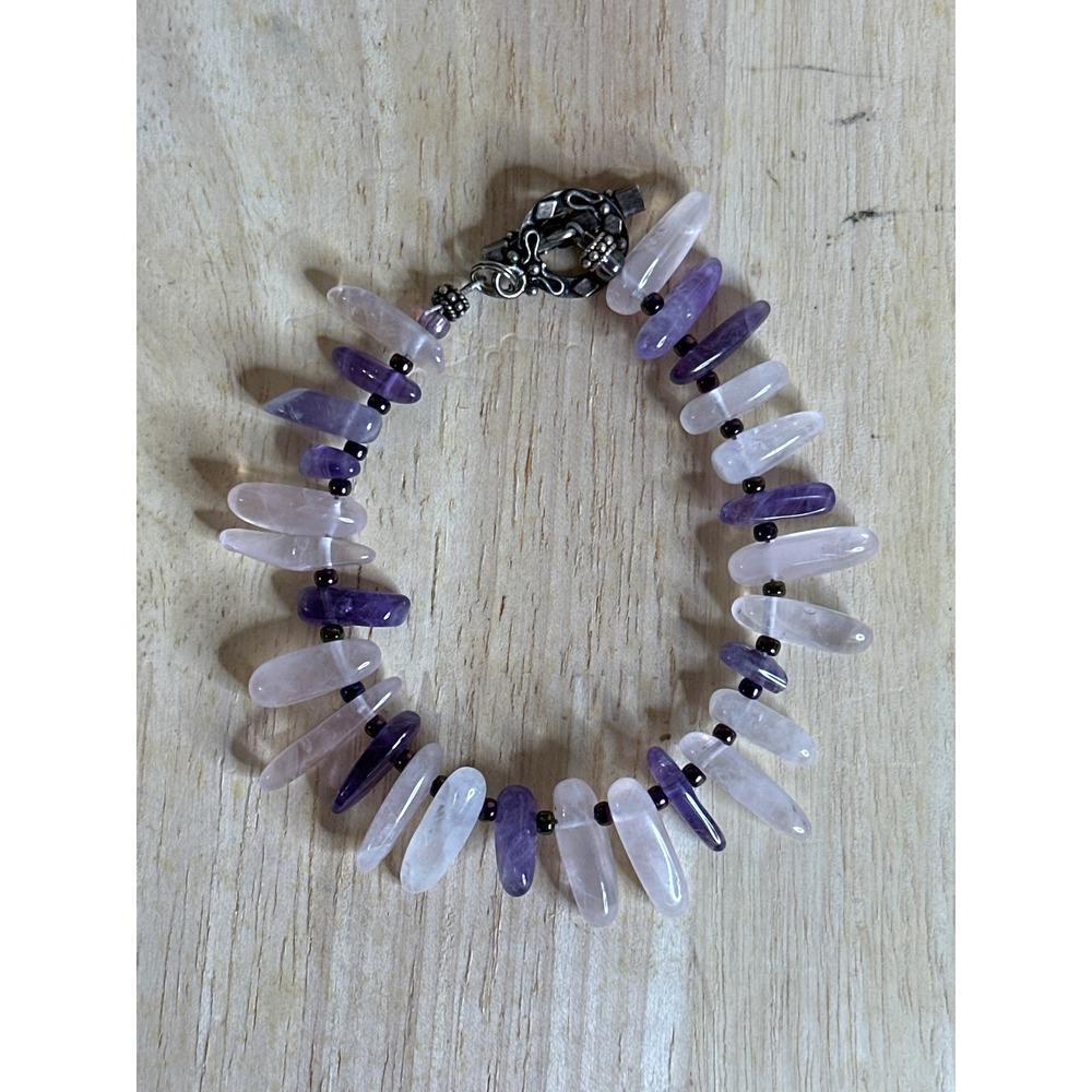 Handmade Amethyst Rose Quartz‎ Gemstone Bracelet Toggle 7in
